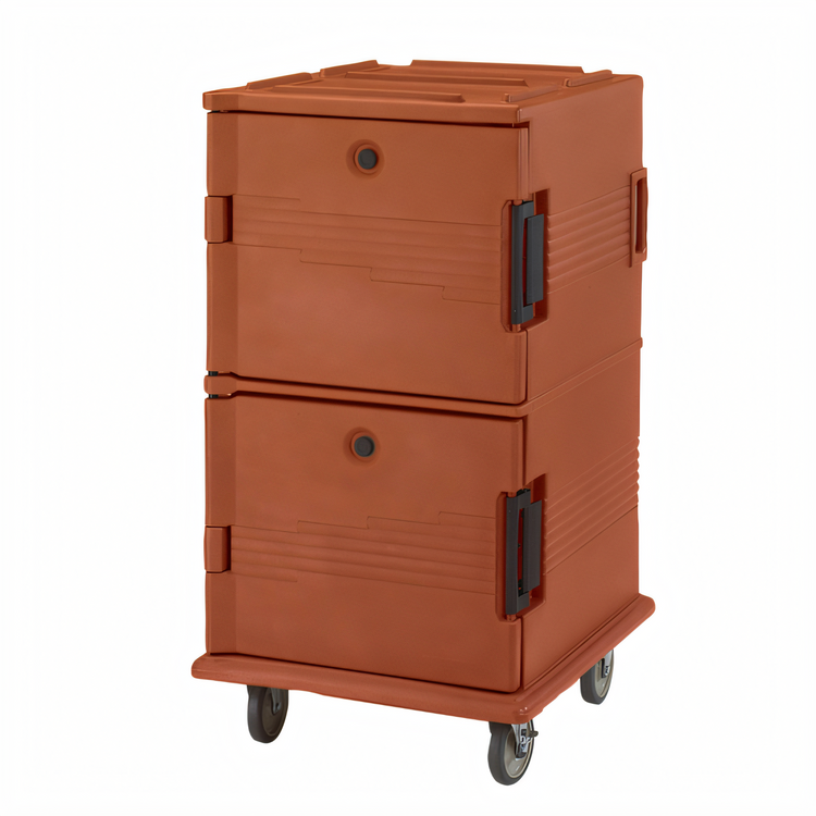 Product image #1 for Cambro Ultra Camcart Double-Compartment Front-Loading Insulated Food Pan Carrier with Security Package, 120 Qt. Per Compartment, Brick Red
