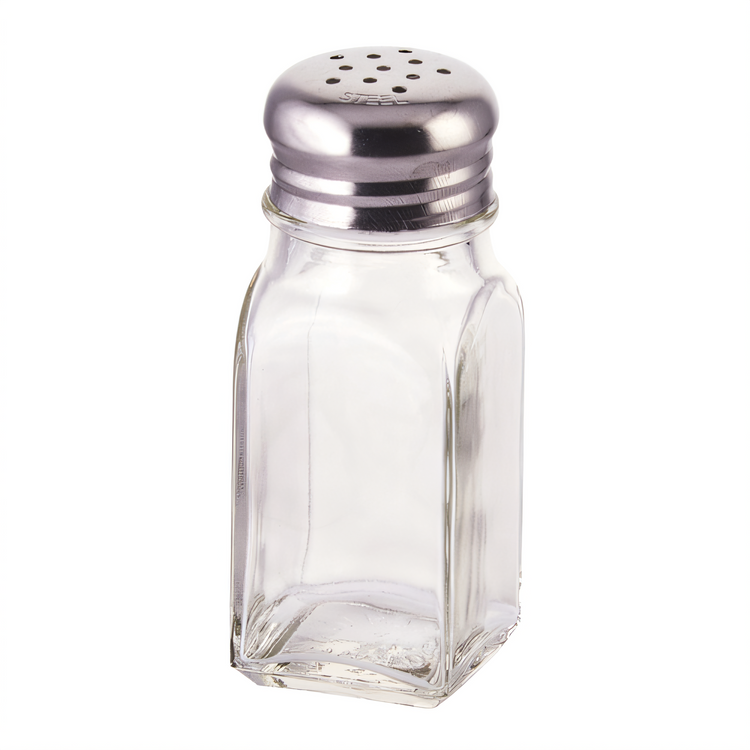 Product image #1 for Winco 2 oz Square Glass Salt and Pepper Shaker with 18/0 Stainless Steel Mushroom Top