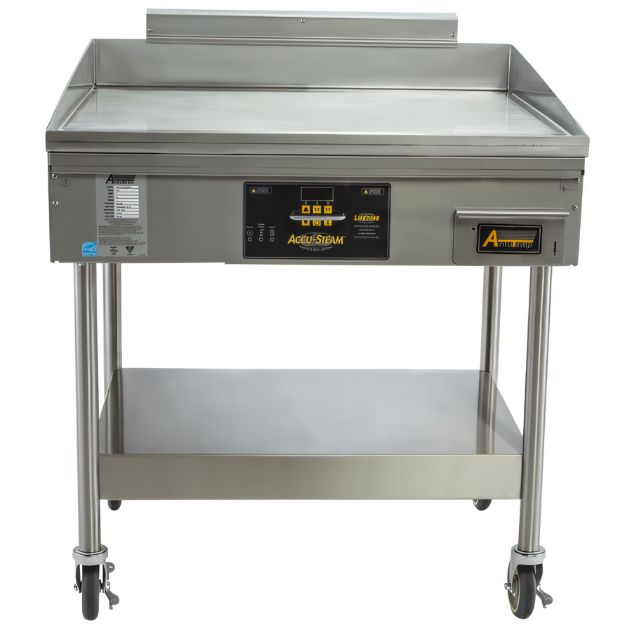 Product image #1 for AccuSteam Natural Gas Steam-Heated Stand-Mounted Griddle with 48 x 24 Inch Cooking Surface, Casters, and Undershelf