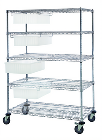 Quantum 4-Drawer Bin Cart System with Dividable Grid Clear Container, 48W x 24D x 69H, 1200 lb Capacity, Chrome Plated Finish