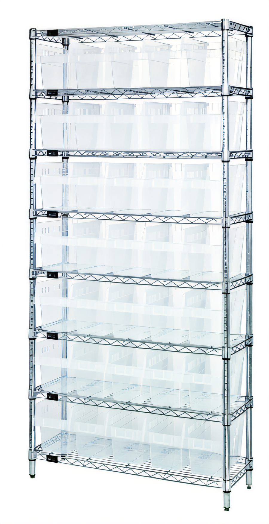 Product image #1 for Quantum 36 Inch x 12 Inch x 74 Inch Chrome Plated 8-Shelf Bin Wire Shelving System with 35 Clear Bins
