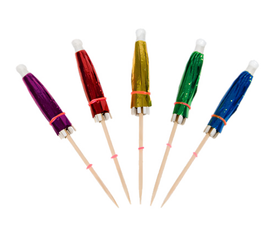 Product image #1 for 4-Inch Foil Cocktail Parasol Picks with Wooden Stem, Assorted Colors, Case of 14,400