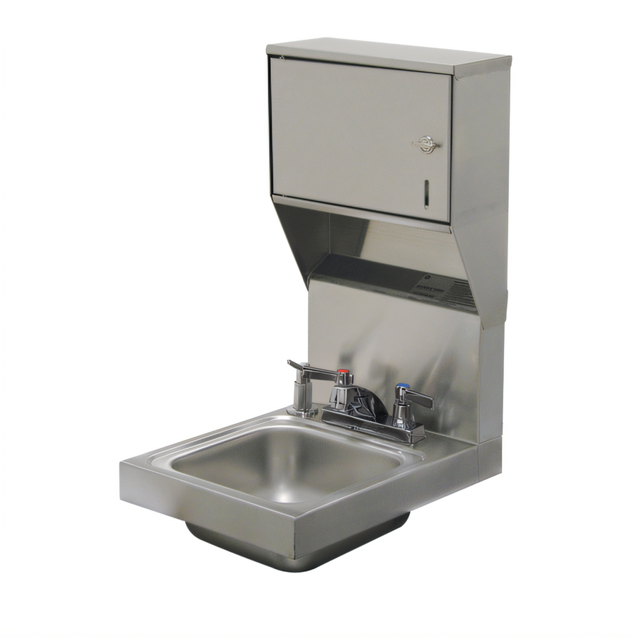 Product image #1 for Advance Tabco Wall-Mounted 12-Inch Wide Stainless Steel Hand Sink with 9" x 9" x 5" Bowl, Faucet, Soap & Towel Dispensers