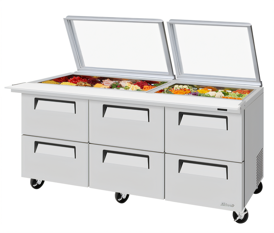 Product image #1 for Turbo Air Super Deluxe Three-Section Mega Top Sandwich/Salad Prep Table with Glass Lid, 30-Pan Top, 6 Drawers