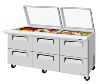 Turbo Air Super Deluxe Three-Section Mega Top Sandwich/Salad Prep Table with Glass Lid, 30-Pan Top, 6 Drawers