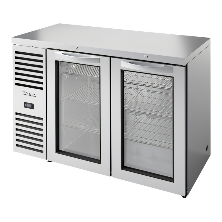 Product image #1 for Two-Section Refrigerated Back Bar Cooler with Glass Doors, 52-Inch Wide, Stainless Steel, Self-Contained Side-Mounted Refrigeration