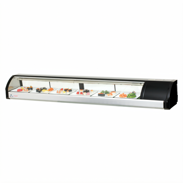 Product image #1 for Everest Refrigeration Countertop Curved Glass Sushi Case with 4 Rear Sliding Glass Doors, Right-Mounted Self-Contained Refrigeration, 82-5/8 Inch, 3.0 Cu. Ft.