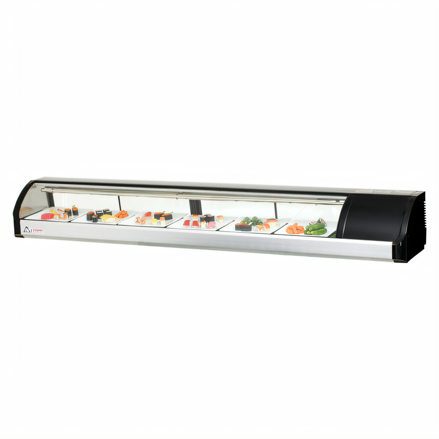 Product image #1 for Everest Refrigeration Countertop Curved Glass Sushi Case with 4 Rear Sliding Glass Doors, Right-Mounted Self-Contained Refrigeration, 82-5/8 Inch, 3.0 Cu. Ft.