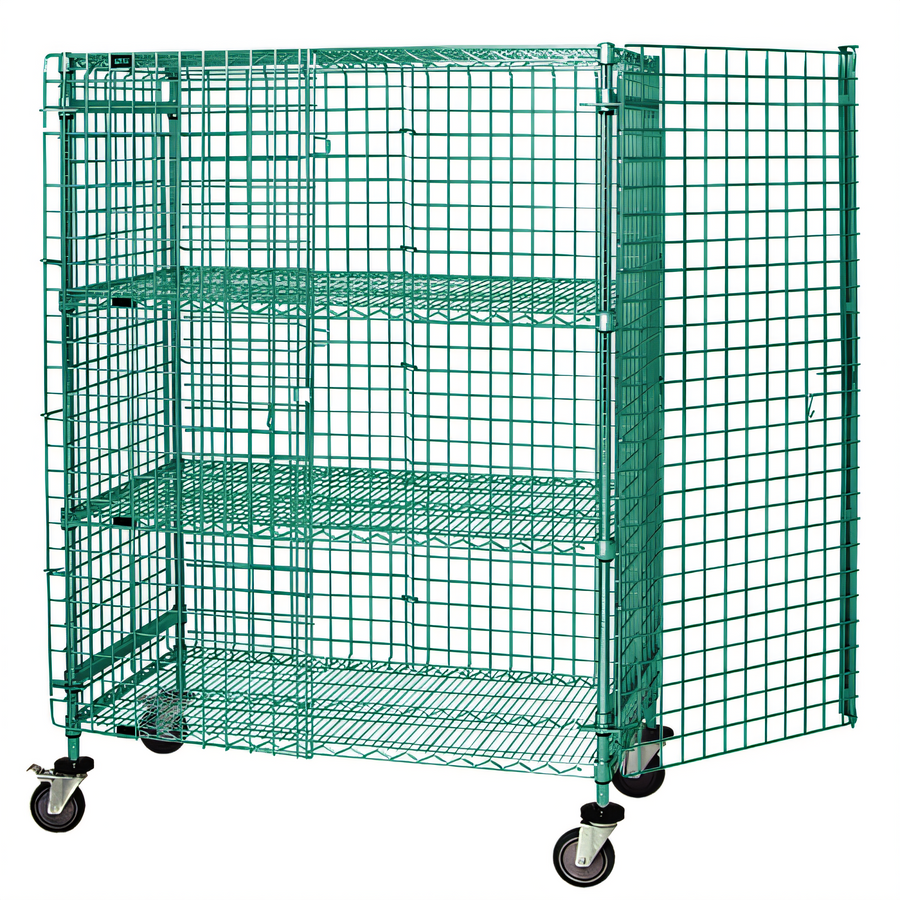 Product image #1 for Quantum Mobile Wire Security Cage with Locking Panel Doors and 2 Intermediate Shelves, 60 x 18 x 69 Inches, Green Epoxy