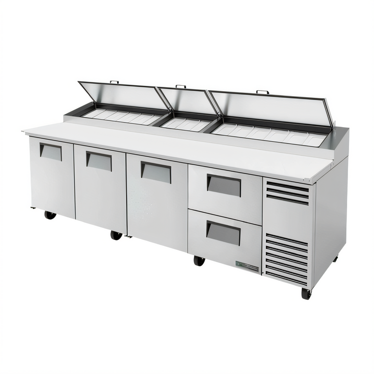 Product image #1 for True 119-1/4-Inch Pizza Prep Table with 3 Solid Doors, 2 Drawers and Alternate Top, R290 Self-Contained Refrigeration