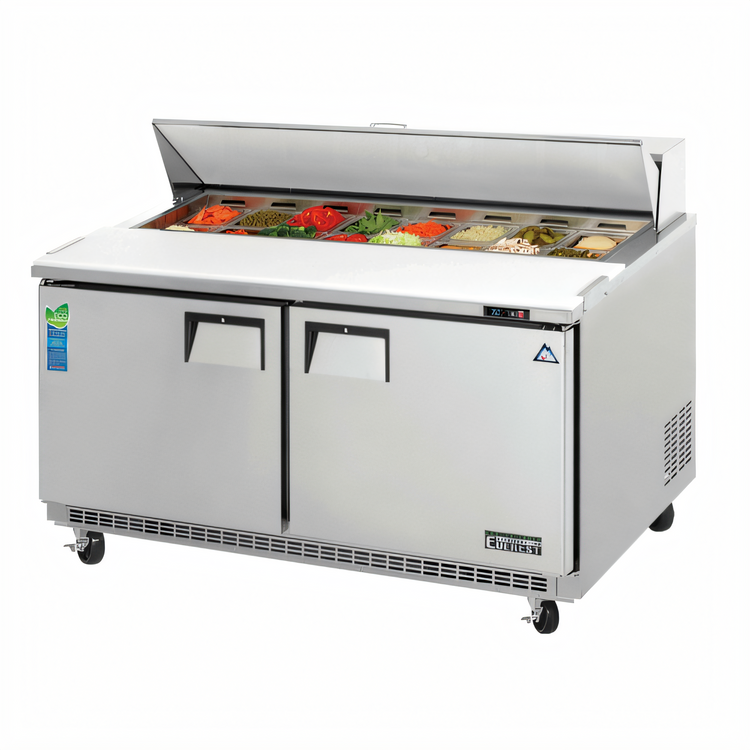 Product image #1 for Everest Refrigeration 59-1/8 Inch Two-Section Sandwich Prep Table with Rear-Mounted Self-Contained Refrigeration and 16-Pan Top