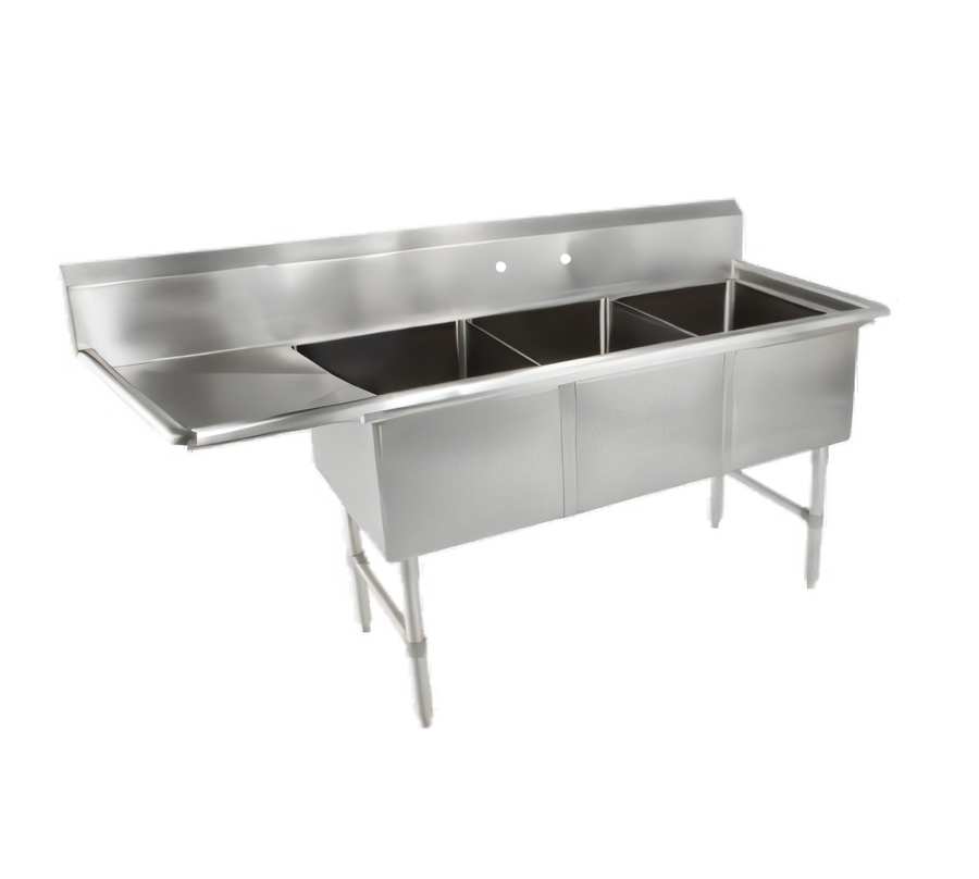 Product image #1 for John Boos B-Series Commercial 3-Compartment Sink with Left Drainboard, 76-3/16 Inch Wide, 16-Gauge Stainless Steel