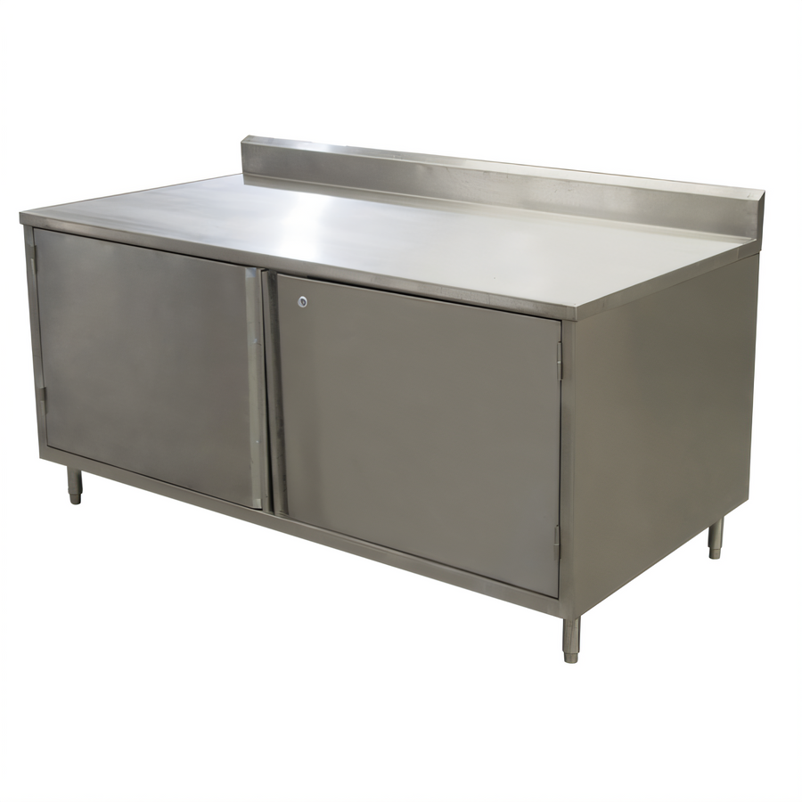 Product image #1 for BK Resources Stainless Steel Enclosed Work Table Cabinet Base with Hinged Locking Doors, 72 x 30 x 39-3/4 Inches, 5-Inch Backsplash