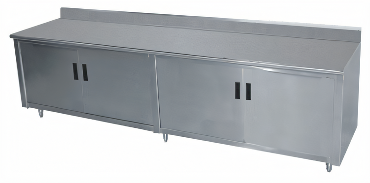 Product image #1 for Advance Tabco Special Value Economy Enclosed Work Table with Cabinet Base, Mid-Shelf and Hinged Doors, 108"W x 30"D, 16 Gauge 304 Stainless Steel Top, 5" Backsplash