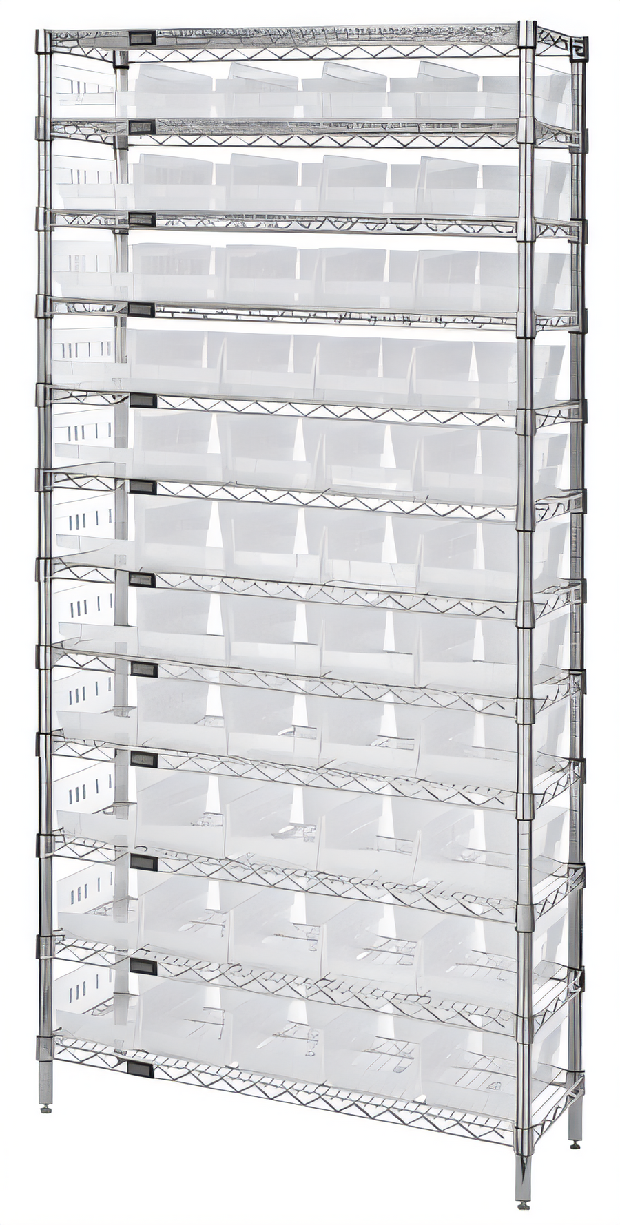 Product image #1 for Quantum 36 Inch W x 24 Inch D x 74 Inch H Chrome Plated Bin Wire Shelving System with 12 Wire Shelves and 55 Clear Bins