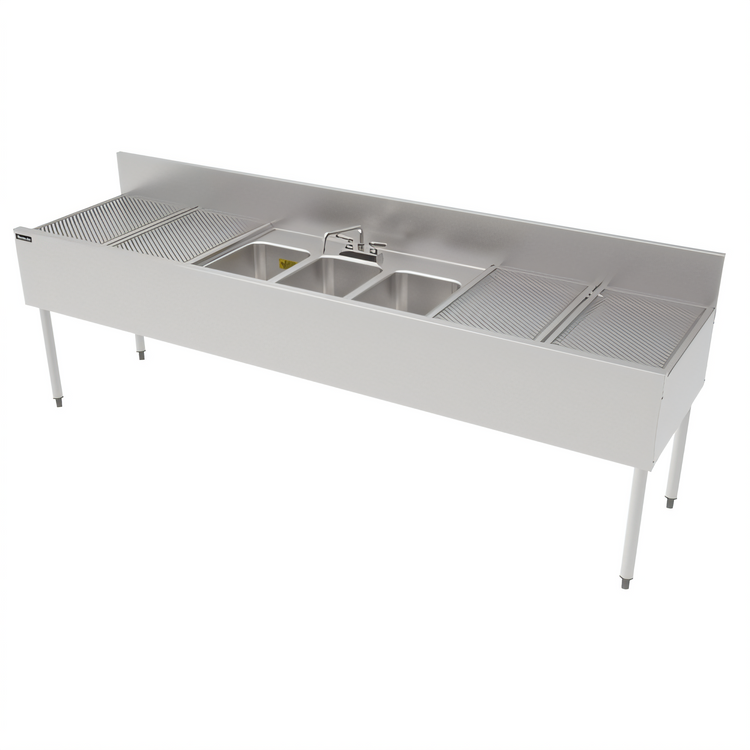 Product image #1 for Top Shelf TSF Series 3-Compartment Underbar Stainless Steel Sink Unit with Left and Right Drainboards, 96" x 24"