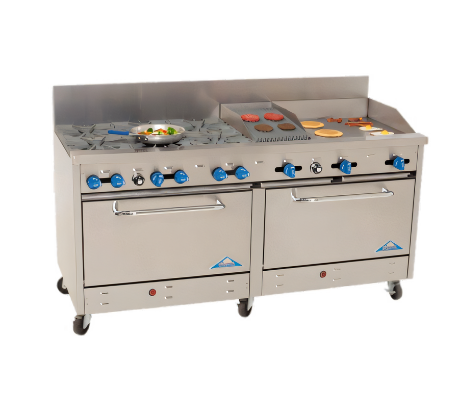 Product image #1 for Comstock-Castle 72 Inch Commercial Gas Range with 6 Open Burners, 18 Inch Griddle, 18 Inch Char-Broiler, and 2 Extra-Wide Ovens