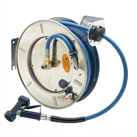 Open Stainless Steel Wall-Mounted Retractable Hose Reel System with 1/2 Inch x 50 Foot Hose and Rear Trigger Spray Valve