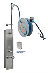 T&S Brass 50-Foot Epoxy Coated Open Wall-Mount Retractable Hose Reel with Stainless Steel Surface Cabinet and Mixing Valve