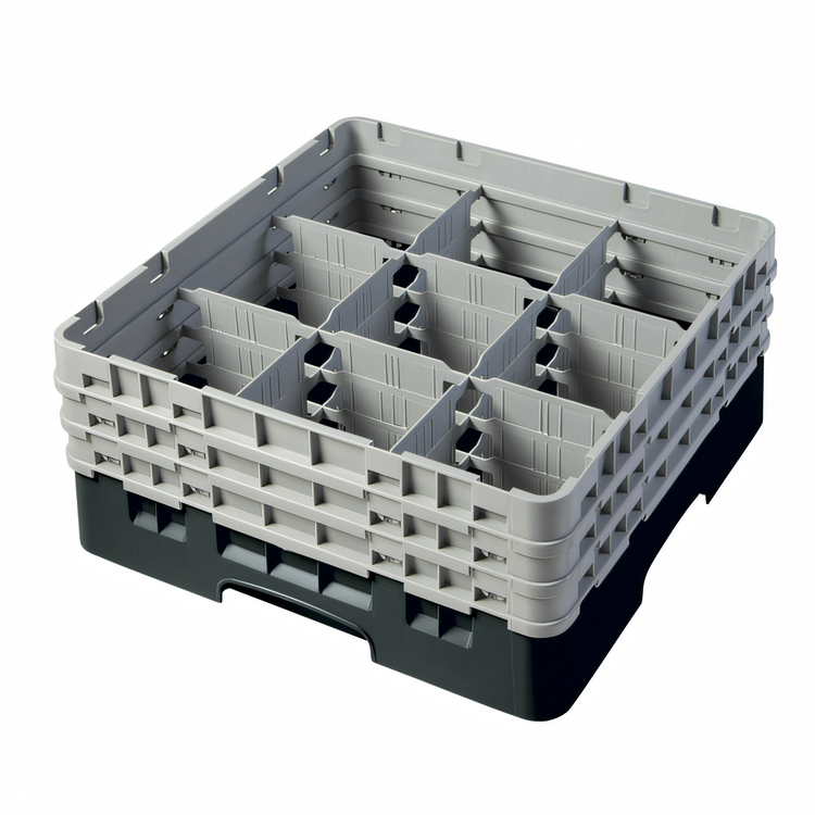 Product image #2 for Cambro Camrack Full-Size 9-Compartment Glass Rack with 3 Soft Gray Extenders, Black