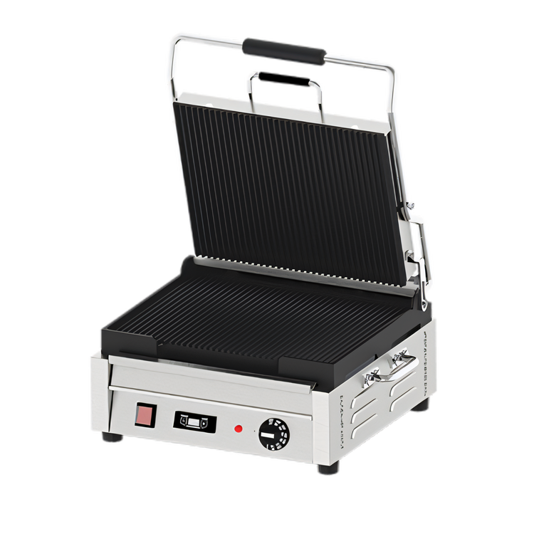 Product image #1 for Omcan Single Countertop Panini Grill with 12 x 15 Inch Grooved Cast Iron Plates, 120V