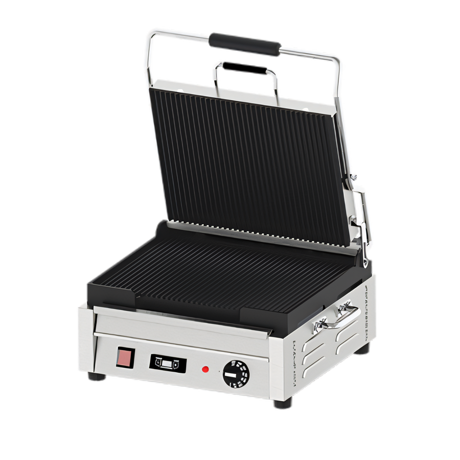 Product image #1 for Omcan Single Countertop Panini Grill with 12 x 15 Inch Grooved Cast Iron Plates, 120V