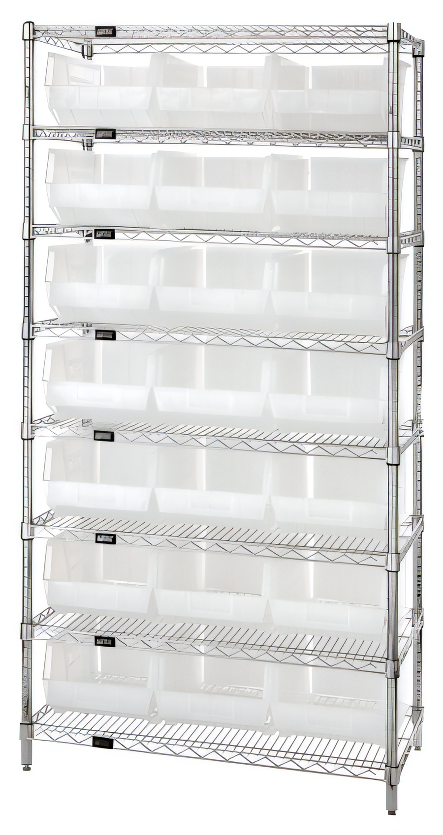 Product image #1 for Quantum 36 Inch Wide x 18 Inch Deep x 74 Inch High Chrome Plated Bin Wire Shelving System with 8 Shelves and 21 Clear Bins