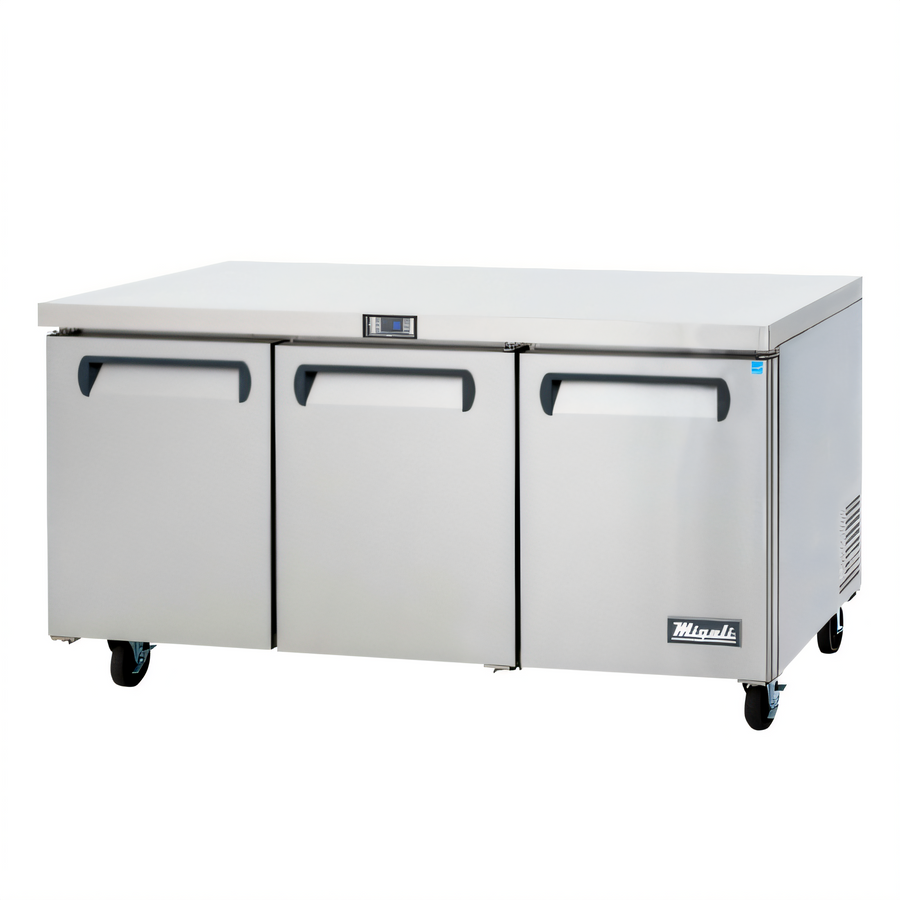 Product image #1 for Migali Competitor Series Three-Section Undercounter Reach-In Refrigerator, 24.5 Cu. Ft., Solid Doors, Stainless Steel