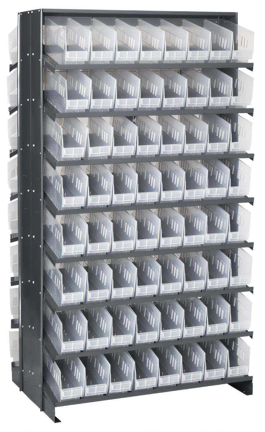 Product image #1 for Quantum Sloped Double-Sided Pick Rack with 16-Shelf Configuration, 128 Clear Bins, 800 lb Capacity