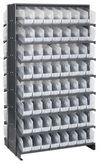 Quantum Sloped Double-Sided Pick Rack with 16-Shelf Configuration, 128 Clear Bins, 800 lb Capacity