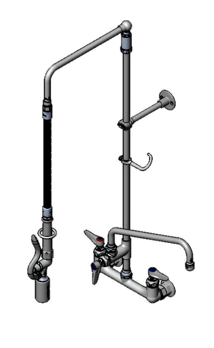 Product image #1 for T&S Brass EasyInstall Wall-Mount Pre-Rinse Unit with Add-On Faucet, 12" Swivel Gooseneck, and 0.65 GPM Spray Valve