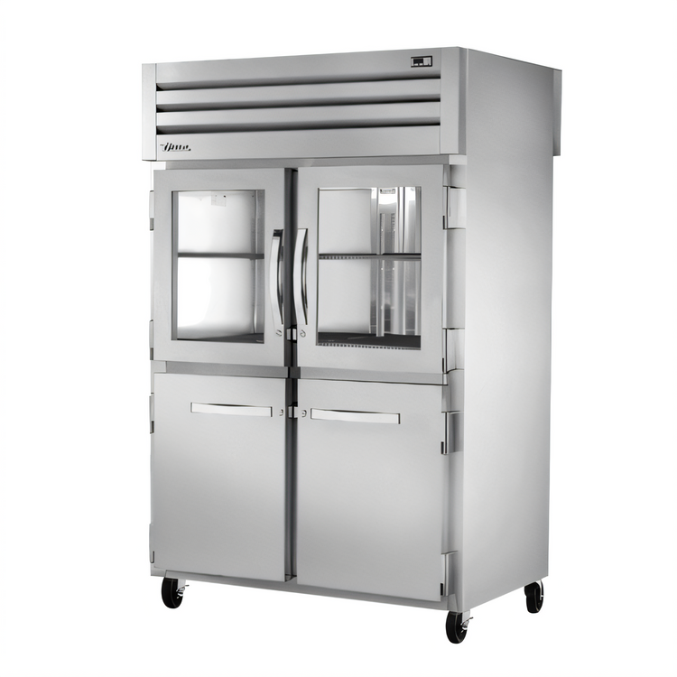 Product image #1 for True SPEC SERIES Two-Section Pass-Thru Reach-In Refrigerator with Glass and Stainless Half Front Doors and Stainless Rear Doors