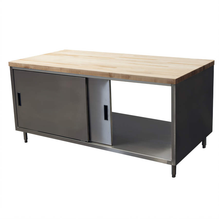 Product image #1 for BK Resources Dual Access Chef Table with Cabinet Base, Sliding Doors, and Hard Maple Top, 72 x 30 Inches