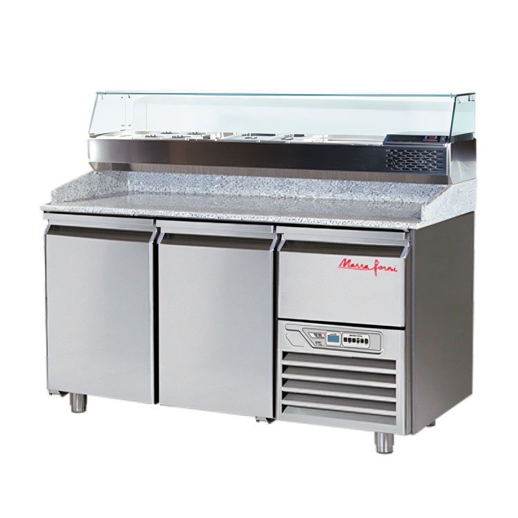 Product image #1 for Marra Forni Two-Section Refrigerated Pizza Prep Table with Granite Work Surface and 7 x 1/3 Pan Rail