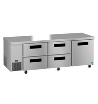 Hoshizaki Steelheart ULR93B-D4 Three-Section Undercounter Refrigerator with 1 Solid Door and 4 Drawers, Side-Mounted Self-Contained Refrigeration