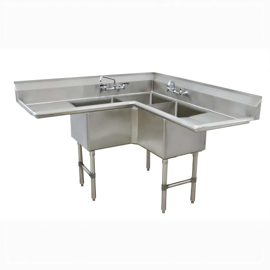 Product image #1 for Advance Tabco Fabricated NSF 3-Compartment L-Shaped Corner Sink with 18-Inch Drainboards, 16-Gauge 304 Stainless Steel