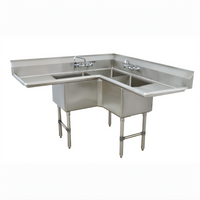 Advance Tabco Fabricated NSF 3-Compartment L-Shaped Corner Sink with 18-Inch Drainboards, 16-Gauge 304 Stainless Steel