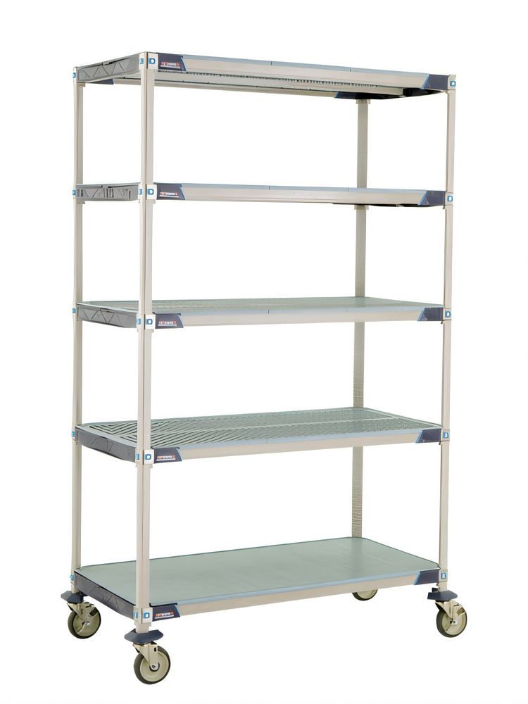Product image #1 for MetroMax i 48 Inch W x 24 Inch D x 80 Inch H 5-Tier Mobile Polymer Shelving Unit with Open Grid Shelves and Solid Bottom Shelf
