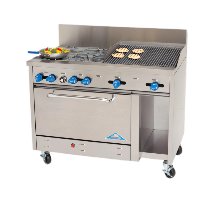 Product image #1 for Comstock-Castle 48-Inch Gas Range with 6 Open Burners, 12-Inch Char-Broiler, 31.5-Inch Oven and Storage Cabinet Base