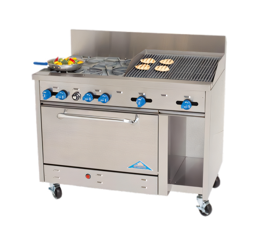Product image #1 for Comstock-Castle 48-Inch Gas Range with 6 Open Burners, 12-Inch Char-Broiler, 31.5-Inch Oven and Storage Cabinet Base