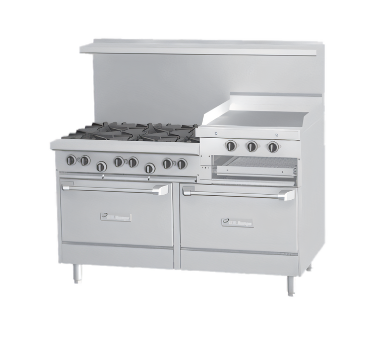 Product image #1 for Garland U.S. Range U Series 60-Inch Gas Restaurant Range with 6 Open Burners, 24-Inch Raised Griddle/Broiler and Double Storage Base