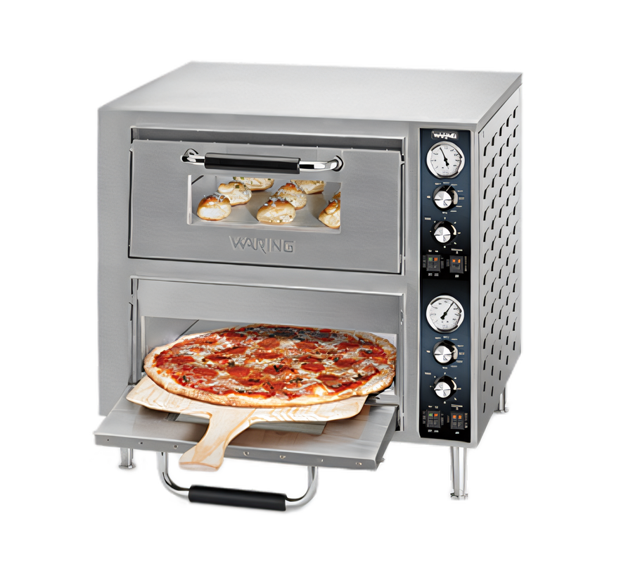 Product image #1 for Waring Commercial Double-Door Double-Deck Countertop Pizza Oven with Independent Chamber Controls