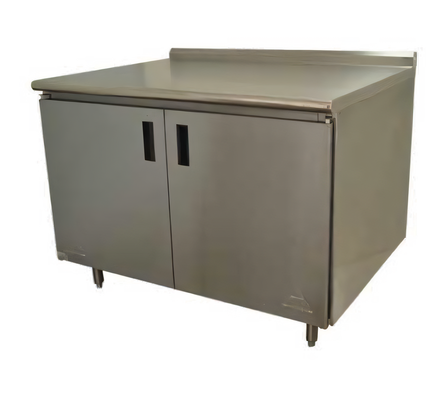 Product image #1 for Advance Tabco 96-Inch x 36-Inch Enclosed Stainless Steel Work Table with Cabinet Base, Hinged Doors, 14-Gauge 304 Top and 1-1/2-Inch Rear Up-Turn