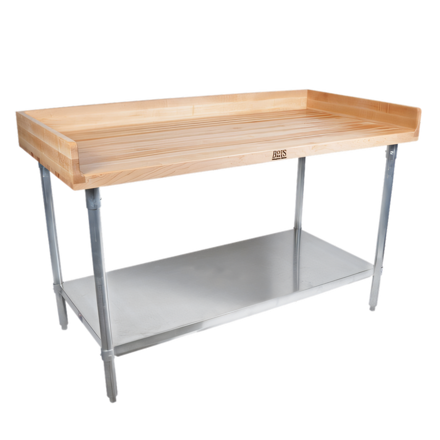 Product image #1 for John Boos 96"W x 30"D Northern Hard Rock Maple Baker's Top Work Table with Galvanized Base and Adjustable Undershelf