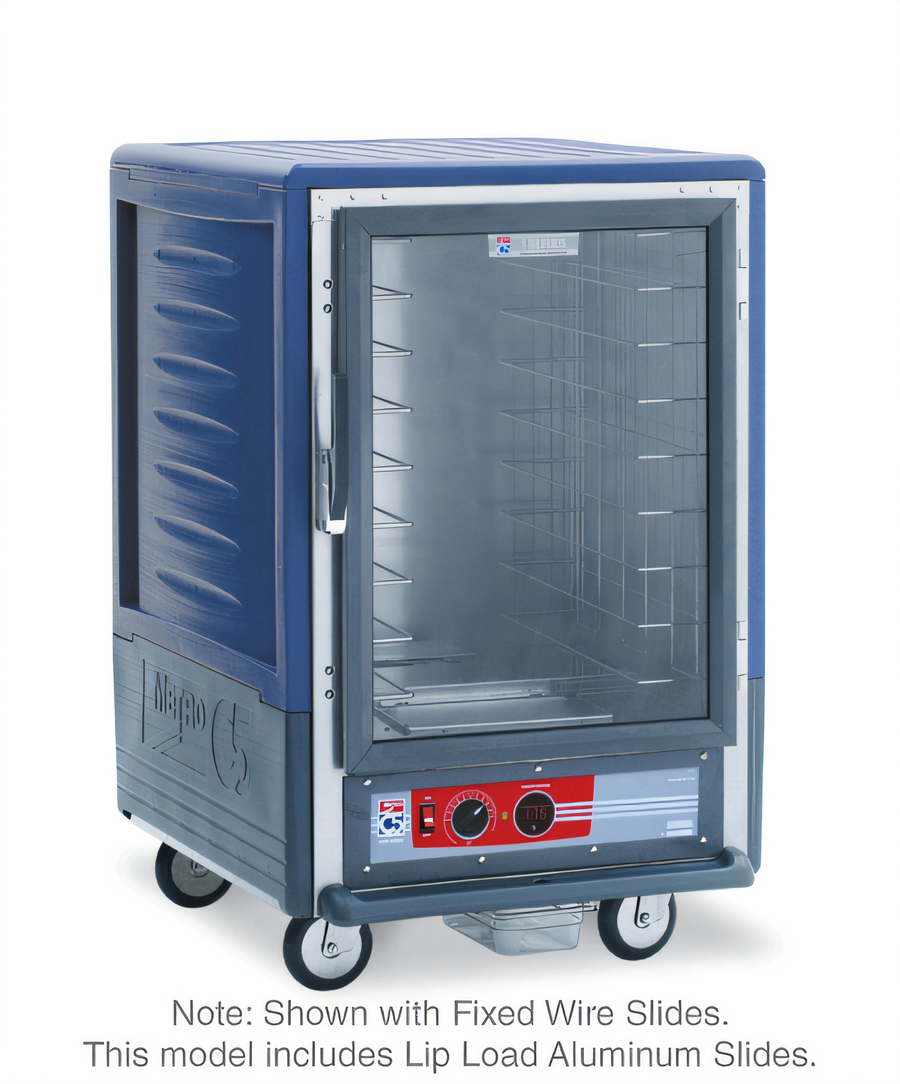 Product image #1 for Metro C5 3 Series Mobile Half-Height Heated Holding Cabinet with Blue Insulation Armour, Clear Door, Lip Load Slides, 17-Pan Capacity, 120V