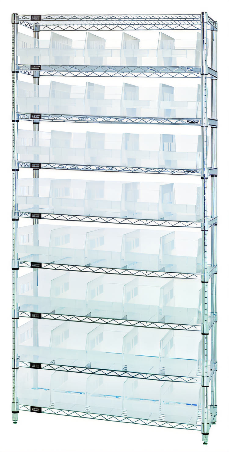 Product image #1 for Quantum 36"W x 12"D x 74"H Stationary Chrome-Plated Bin Wire Shelving System with 40 Clear Bins