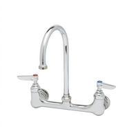 Wall Mount Commercial Faucet with 8 Inch Adjustable Centers, 6 Inch Swivel Gooseneck Spout, and 0.35 GPM Spray Device