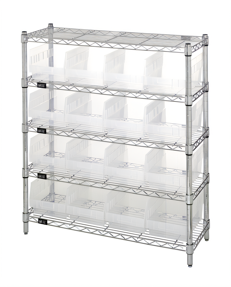 Product image #1 for Quantum Stationary Chrome Plated Bin Wire Shelving Center with 5 Shelves and 16 Clear Bins, 12 in. D x 36 in. W x 39 in. H