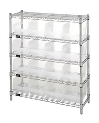 Quantum Stationary Chrome Plated Bin Wire Shelving Center with 5 Shelves and 16 Clear Bins, 12 in. D x 36 in. W x 39 in. H