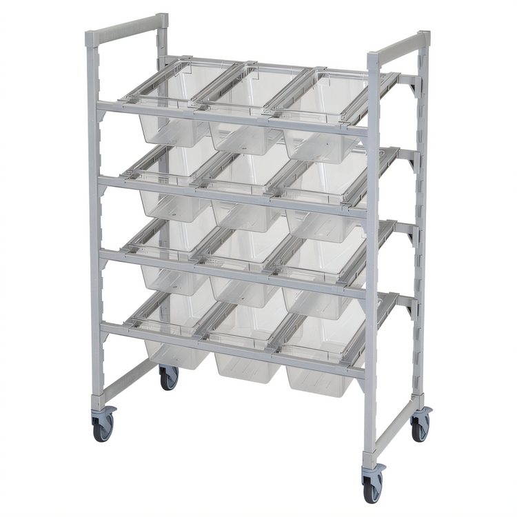 Product image #1 for Cambro Camshelving Premium 4-Tier Mobile Flex Station Unit with Divider Bars for Food Pans, 24 x 48 x 67 Inch, Speckled Gray